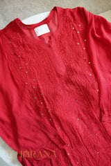 Ishq Georgette 4PC Chikankari Kurta Set with Resham Jaal and Mukaish work – Red Gharana