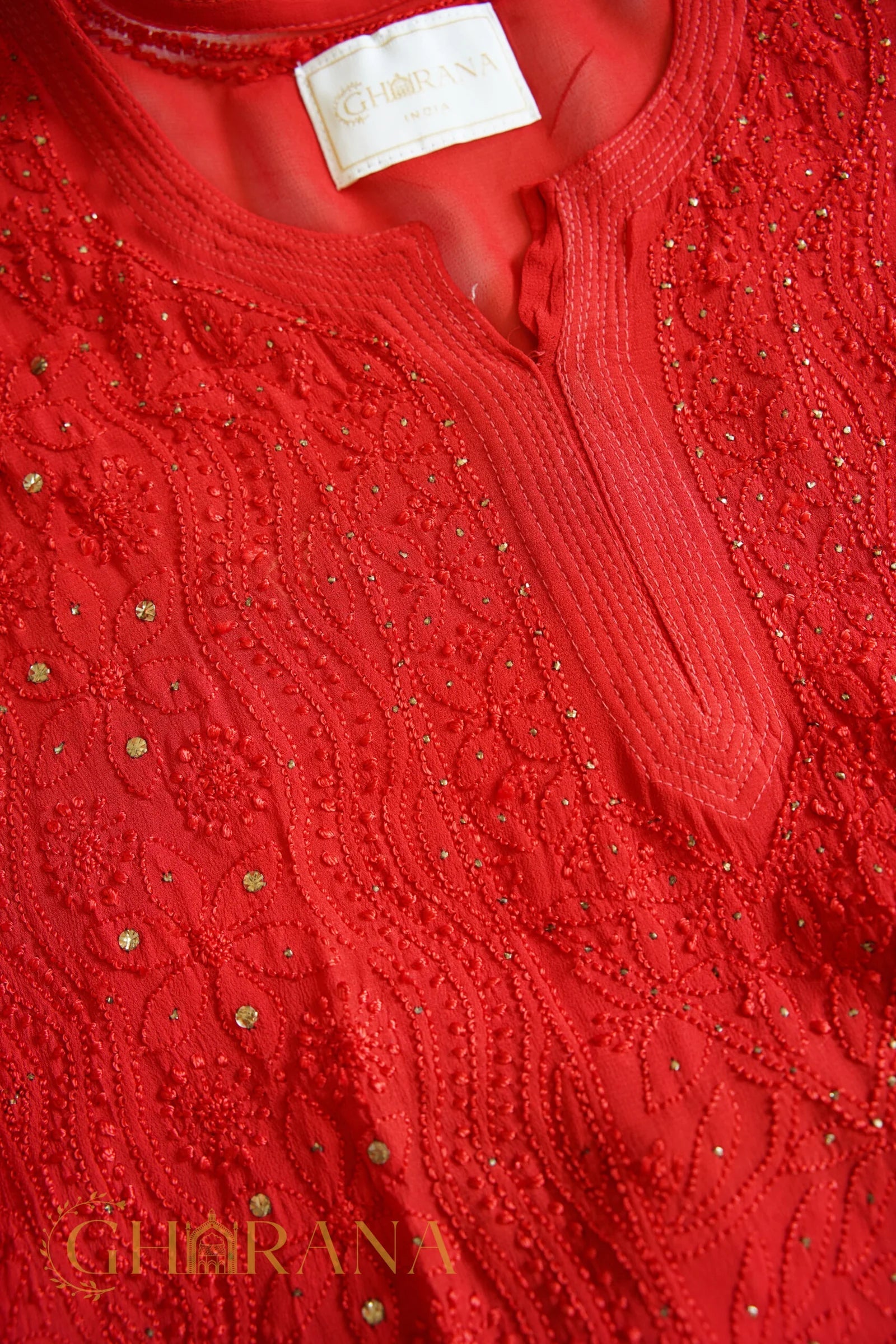 Ishq Georgette 4PC Chikankari Kurta Set with Resham Jaal and Mukaish work – Red Gharana