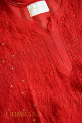 Ishq Georgette 4PC Chikankari Kurta Set with Resham Jaal and Mukaish work – Red Gharana