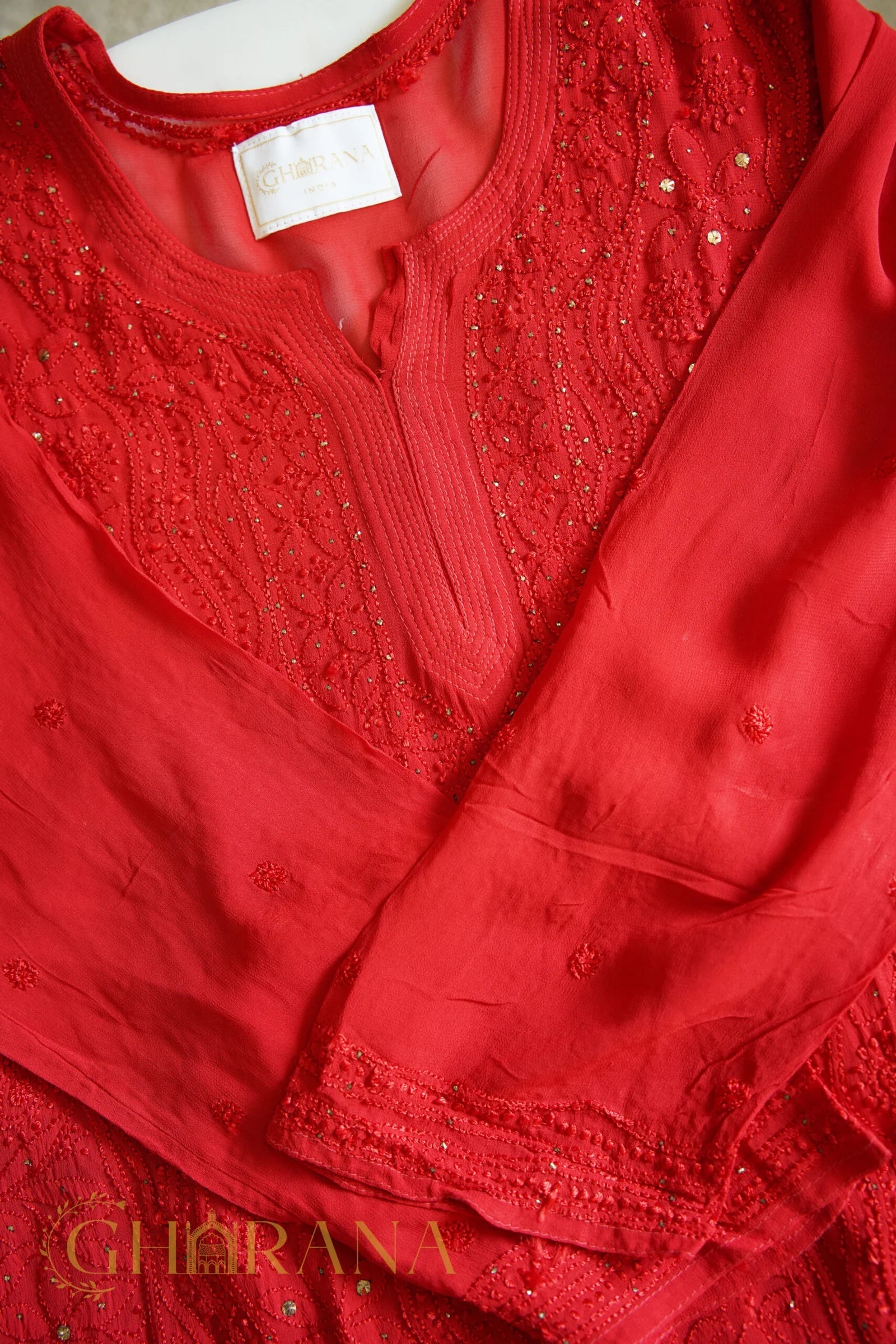 Ishq Georgette 4PC Chikankari Kurta Set with Resham Jaal and Mukaish work – Red Gharana