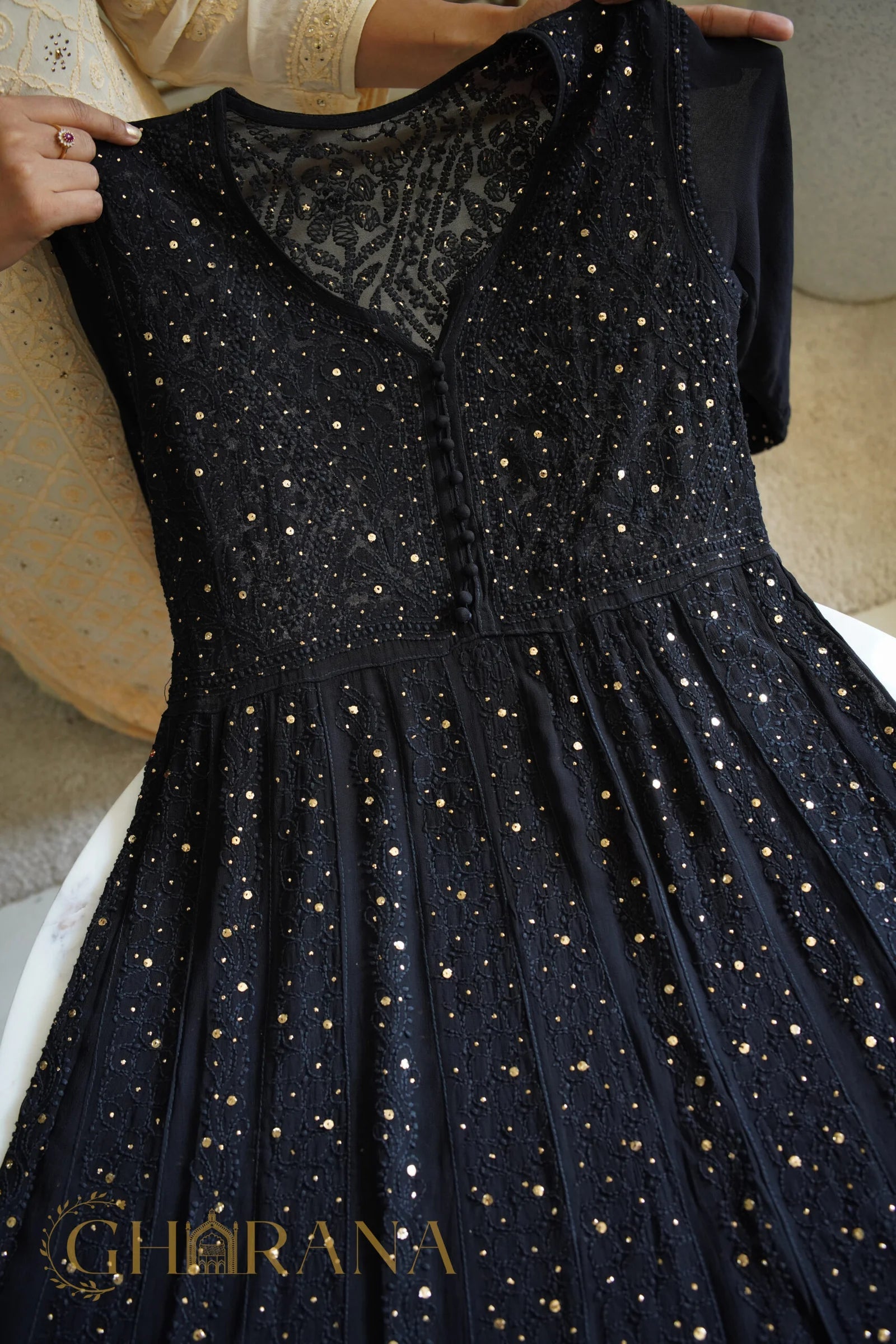 Kiara Georgette 4PC Chikankari Anarkali Kurta Set with Mukaish Work Gharana