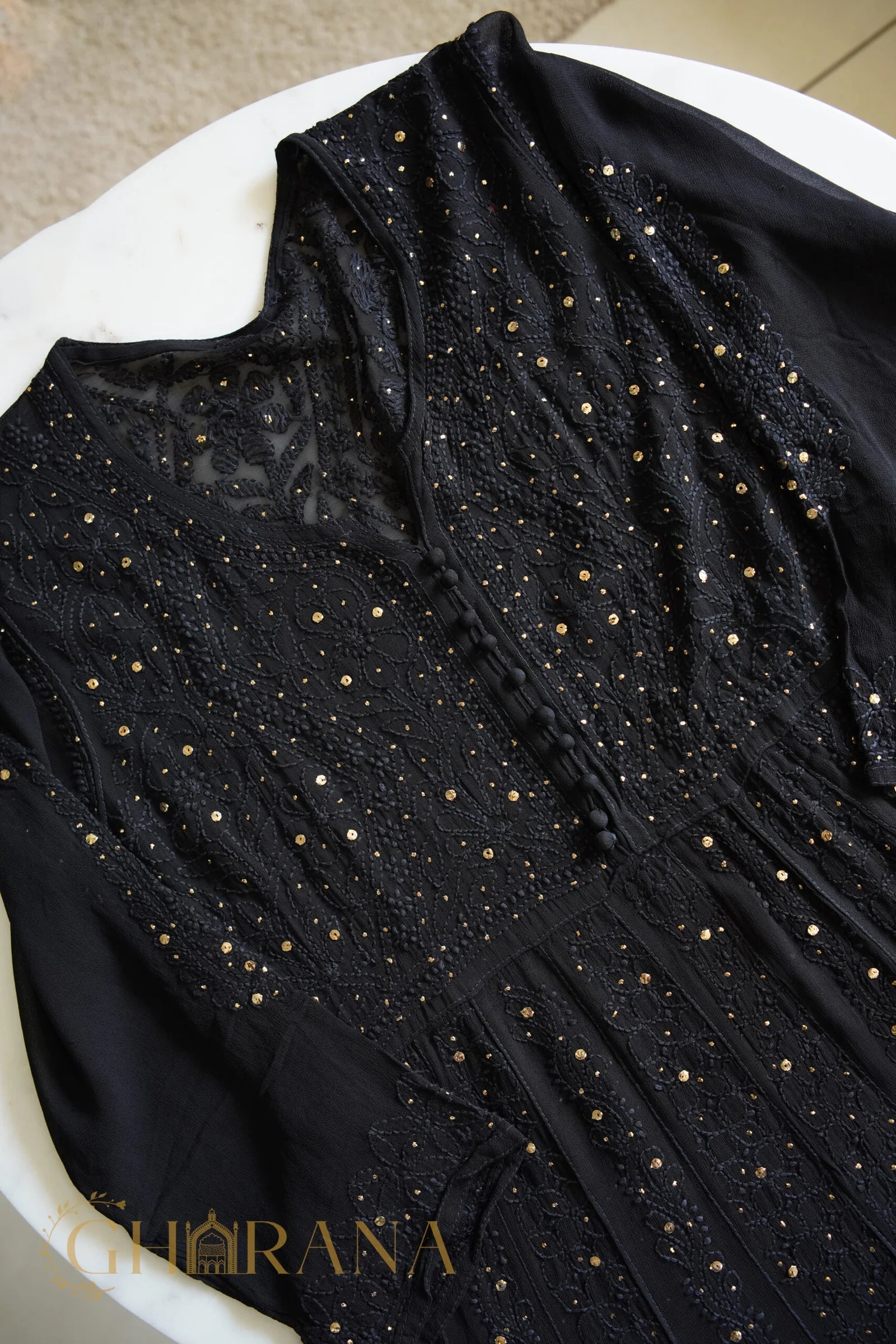 Kiara Georgette 4PC Chikankari Anarkali Kurta Set with Mukaish Work Gharana