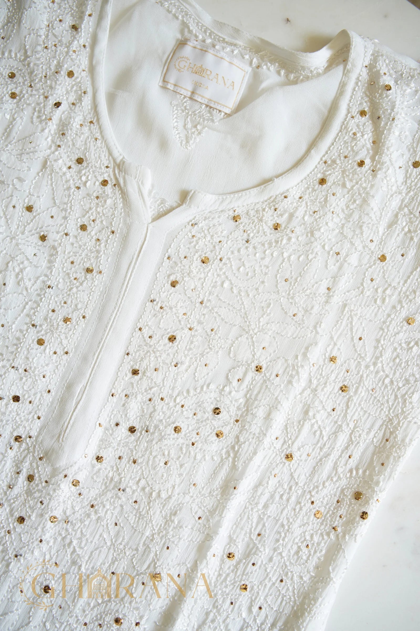 Ishq Georgette Kurta in Resham Jaal and Mukaish work_White Gharana