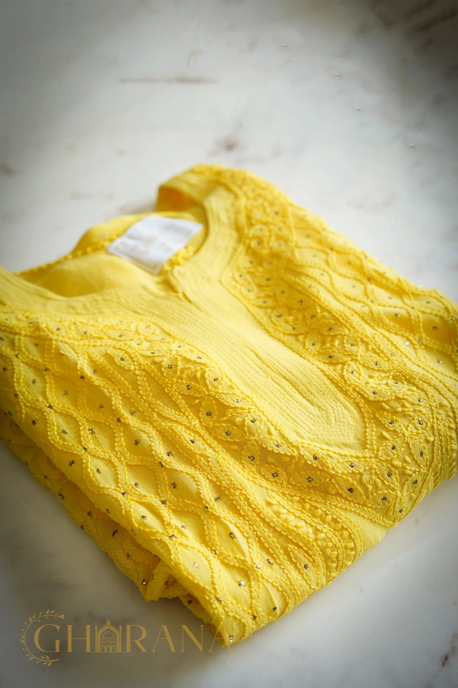 Ishq Georgette 4PC Chikankari Kurta Set in Resham Jaal and Mukaish work-Yellow Gharana