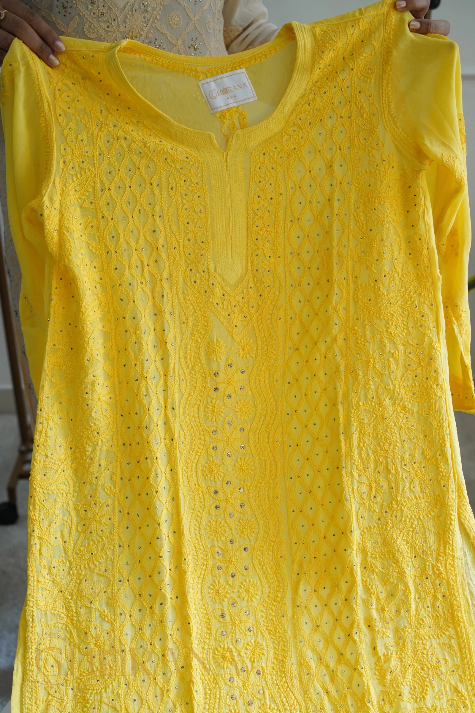 Ishq Georgette 4PC Chikankari Kurta Set in Resham Jaal and Mukaish work-Yellow Gharana