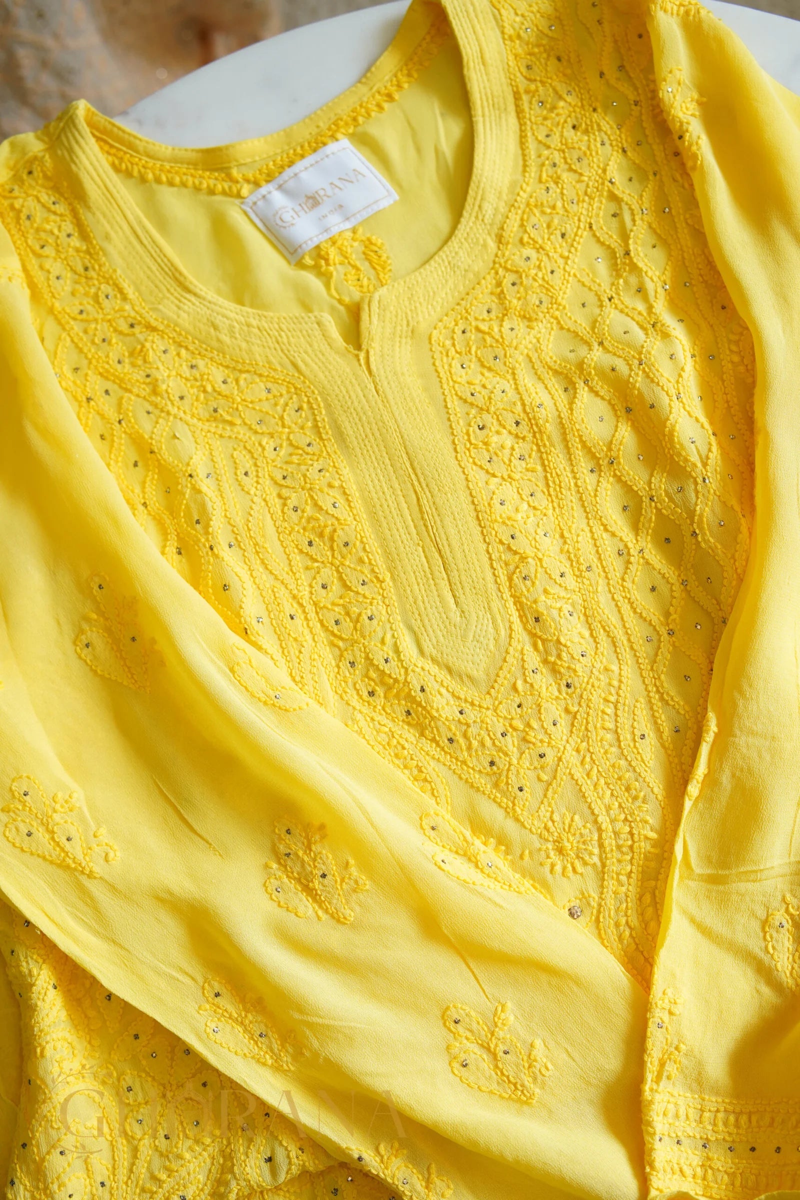 Ishq Georgette 4PC Chikankari Kurta Set in Resham Jaal and Mukaish work-Yellow Gharana