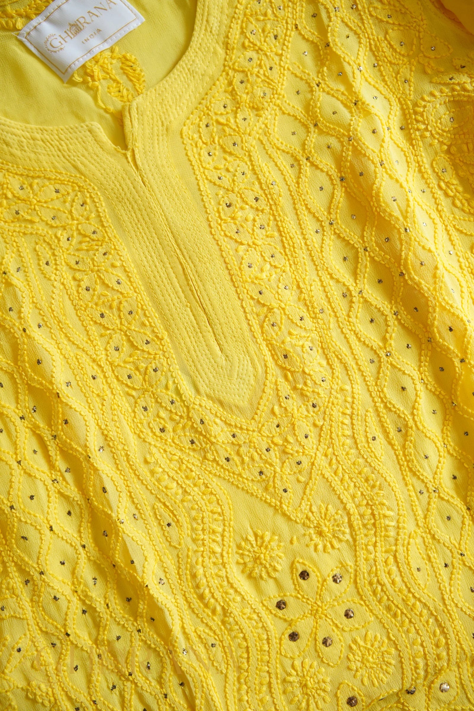 Ishq Georgette 4PC Chikankari Kurta Set in Resham Jaal and Mukaish work-Yellow Gharana