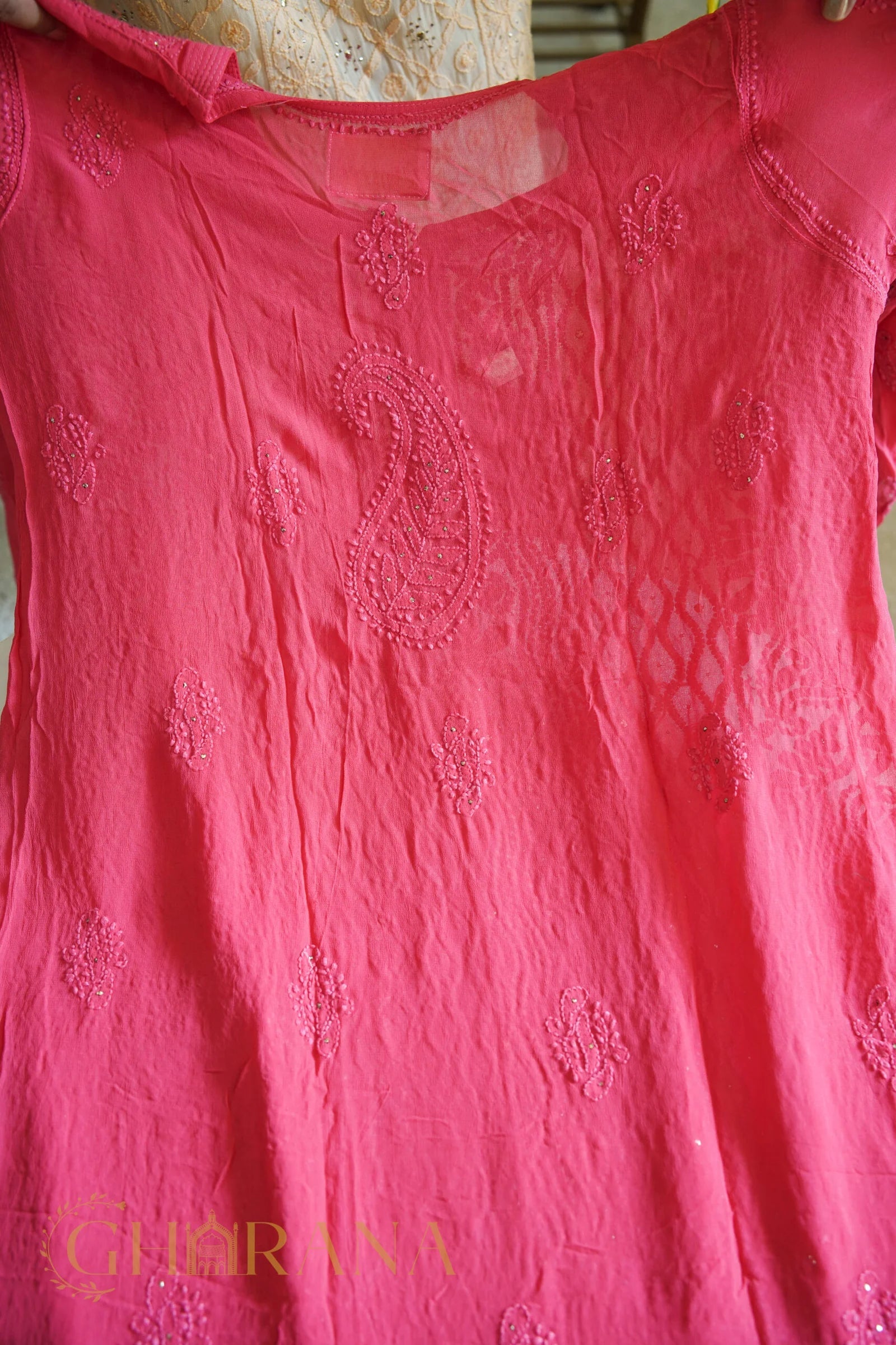 Ishq Georgette 4PC Chikankari Kurta set in Resham Jaal and Mukaish work-Pink Gharana