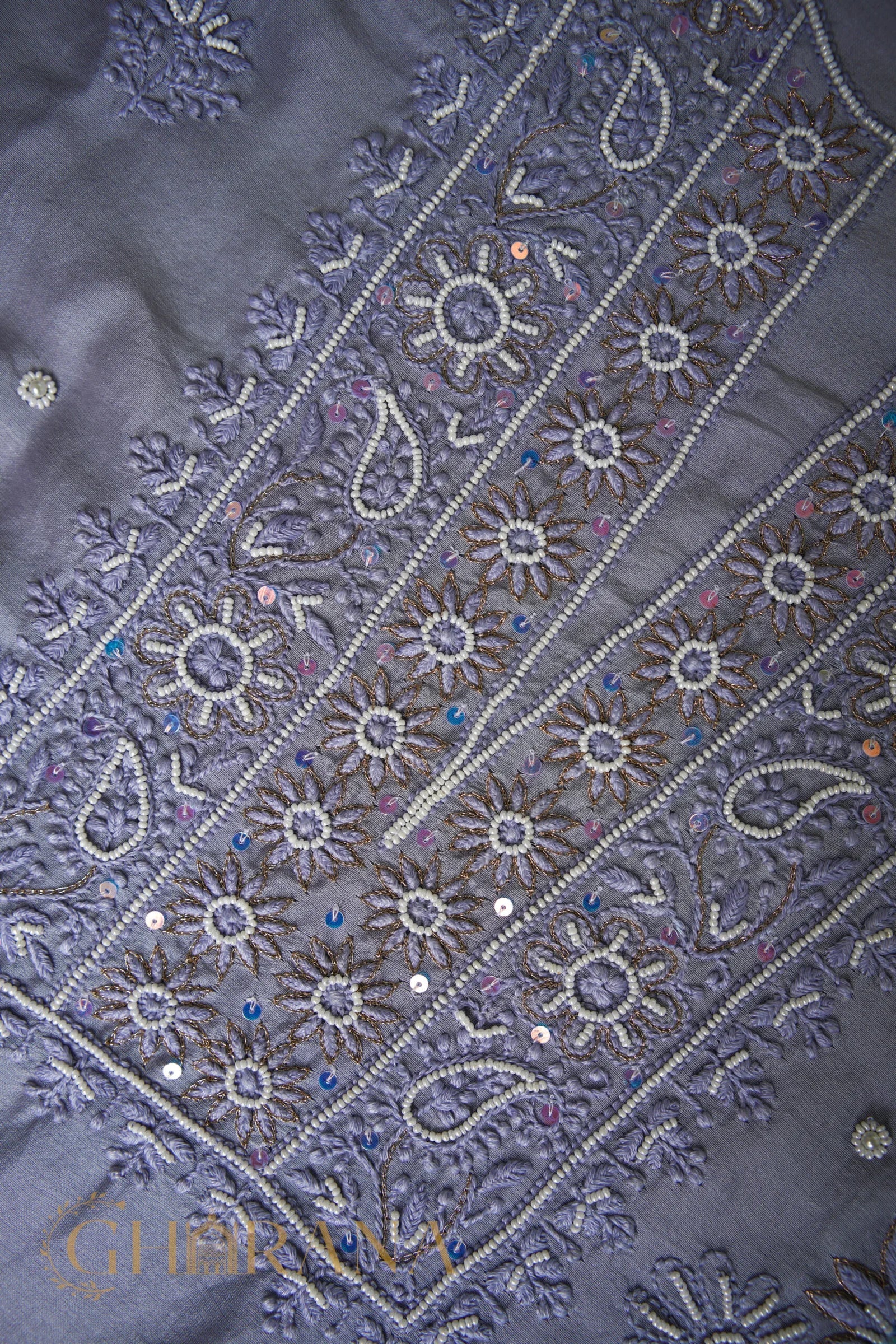 Chanderi Silk Fine Chikankari Unstitched Kurta and Dupatta Set with embellishments – Grey Gharana