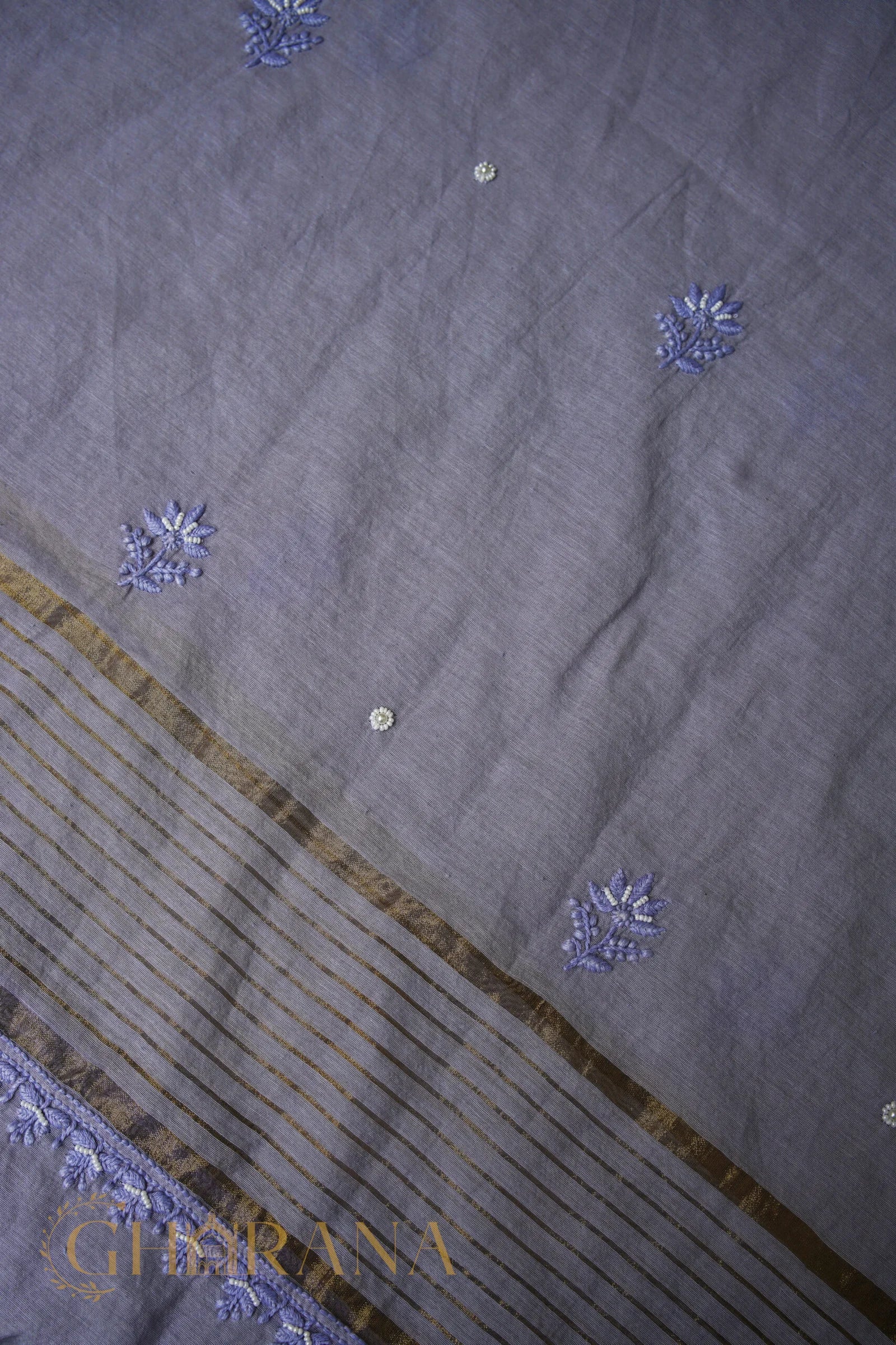 Chanderi Silk Fine Chikankari Unstitched Kurta and Dupatta Set with embellishments – Grey Gharana