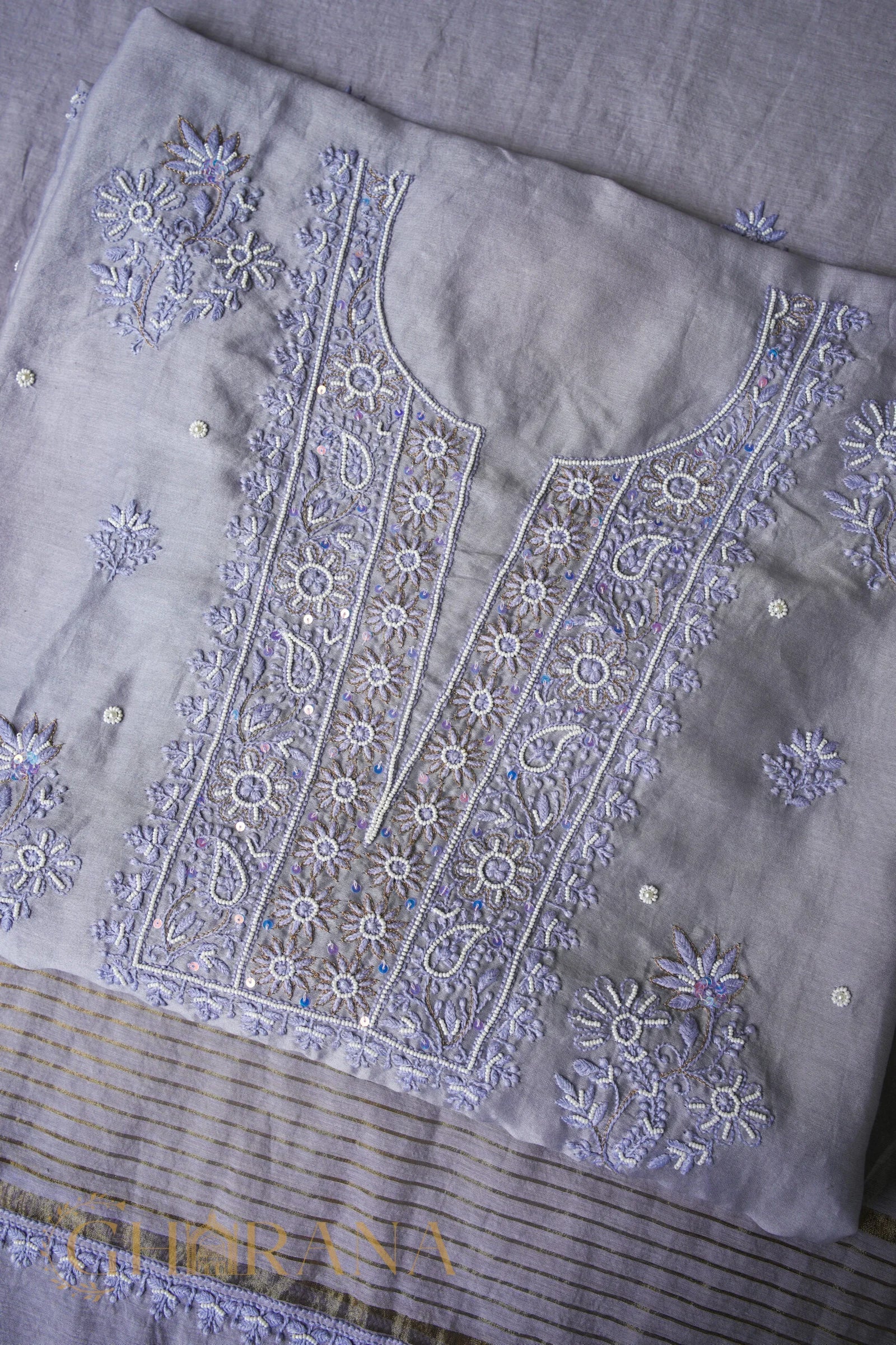 Chanderi Silk Fine Chikankari Unstitched Kurta and Dupatta Set with embellishments – Grey Gharana