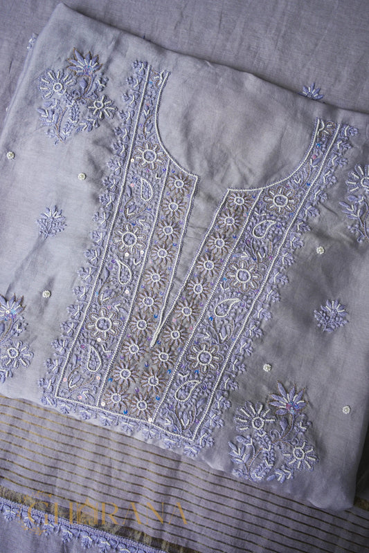 Chanderi Silk Fine Chikankari Unstitched Kurta and Dupatta Set with embellishments – Grey Gharana