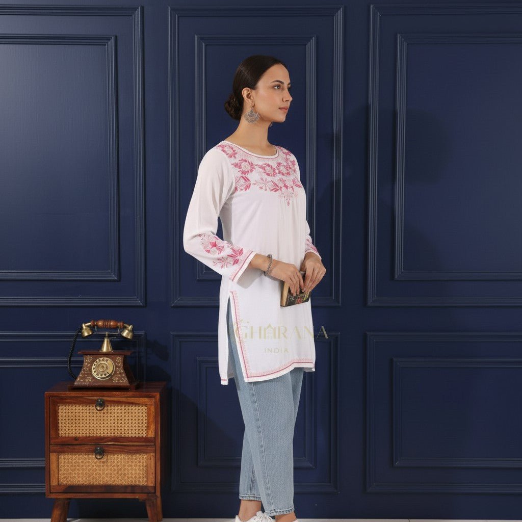 Heer Modal White Short Chikankari Kurta Gharana