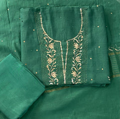 Premium Mulchanderi 3 PC Unstitched Tunic, Dupatta & Bottom in Kamdani work- Mango Green Gharana