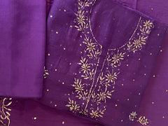 Premium Mulchanderi 3 PC Unstitched Tunic, Dupatta & Bottom in Kamdani work- Purple Gharana