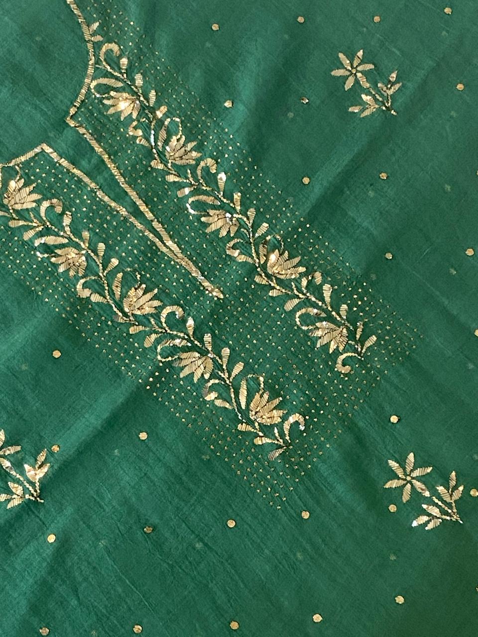 Premium Mulchanderi 3 PC Unstitched Tunic, Dupatta & Bottom in Kamdani work- Mango Green Gharana