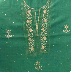 Premium Mulchanderi 3 PC Unstitched Tunic, Dupatta & Bottom in Kamdani work- Mango Green Gharana