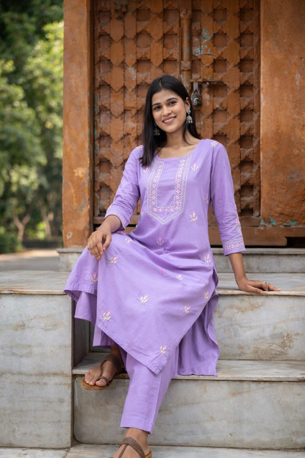Heer Mul Cotton 2 PC Lilac chikankari Kurta set Gharana