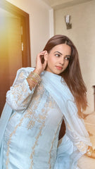 Jashn Chikankari Turquoise Modal Satin 3 PC Kurta Set with Dupatta