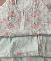 Premium Mul chanderi Chikankari Semi Stitched 2 piece Tunic and Dupatta set – Light Sage