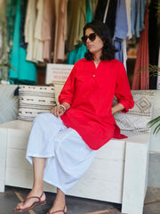 Aira Cherry Red Cotton Poplin Kurta Set with white balloon pants