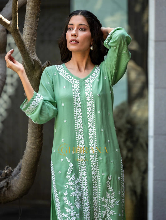 Sahiba Premium Modal Silk 2 PC Green Chikankari Kurta set Gharana