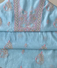 Premium Mul Chanderi 2 piece Chikankari Unstitched Kurta and Dupatta set – Powder Blue Gharana