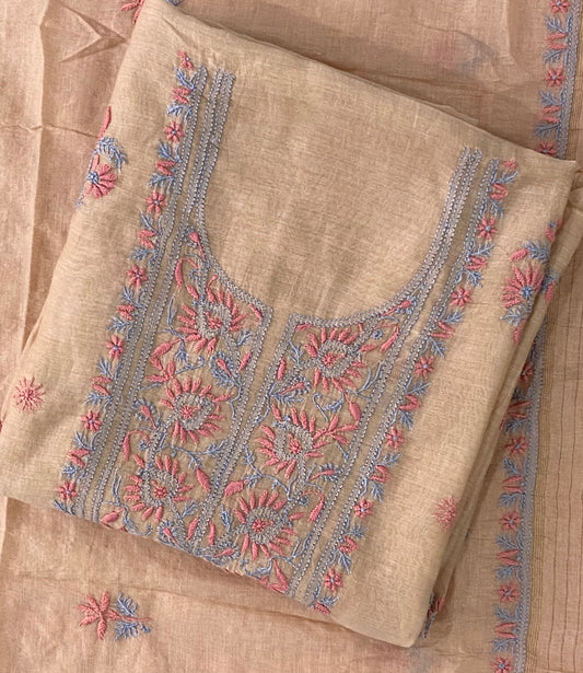 Premium Mul Chanderi 2 piece Chikankari Unstitched 2 piece Kurta and Dupatta set – dark beige