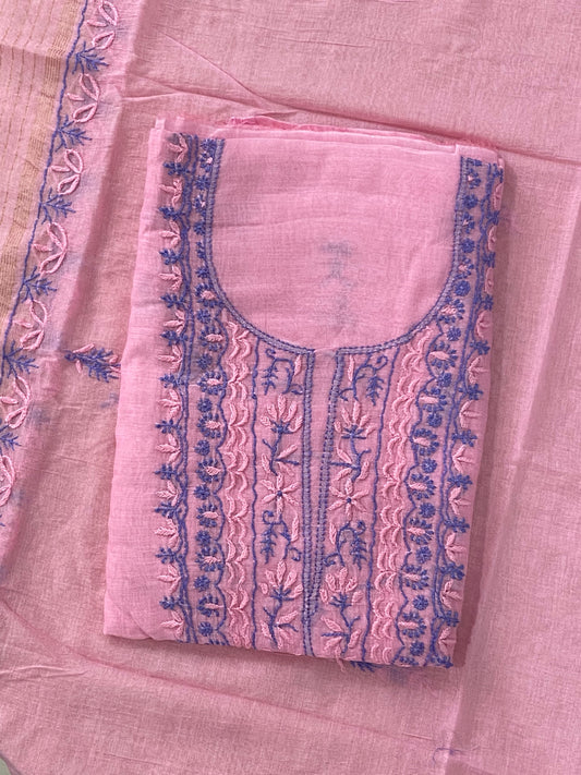 Premium Mul Chanderi 2 piece Chikankari Unstitched Kurta and Dupatta set – Bright Pink Gharana
