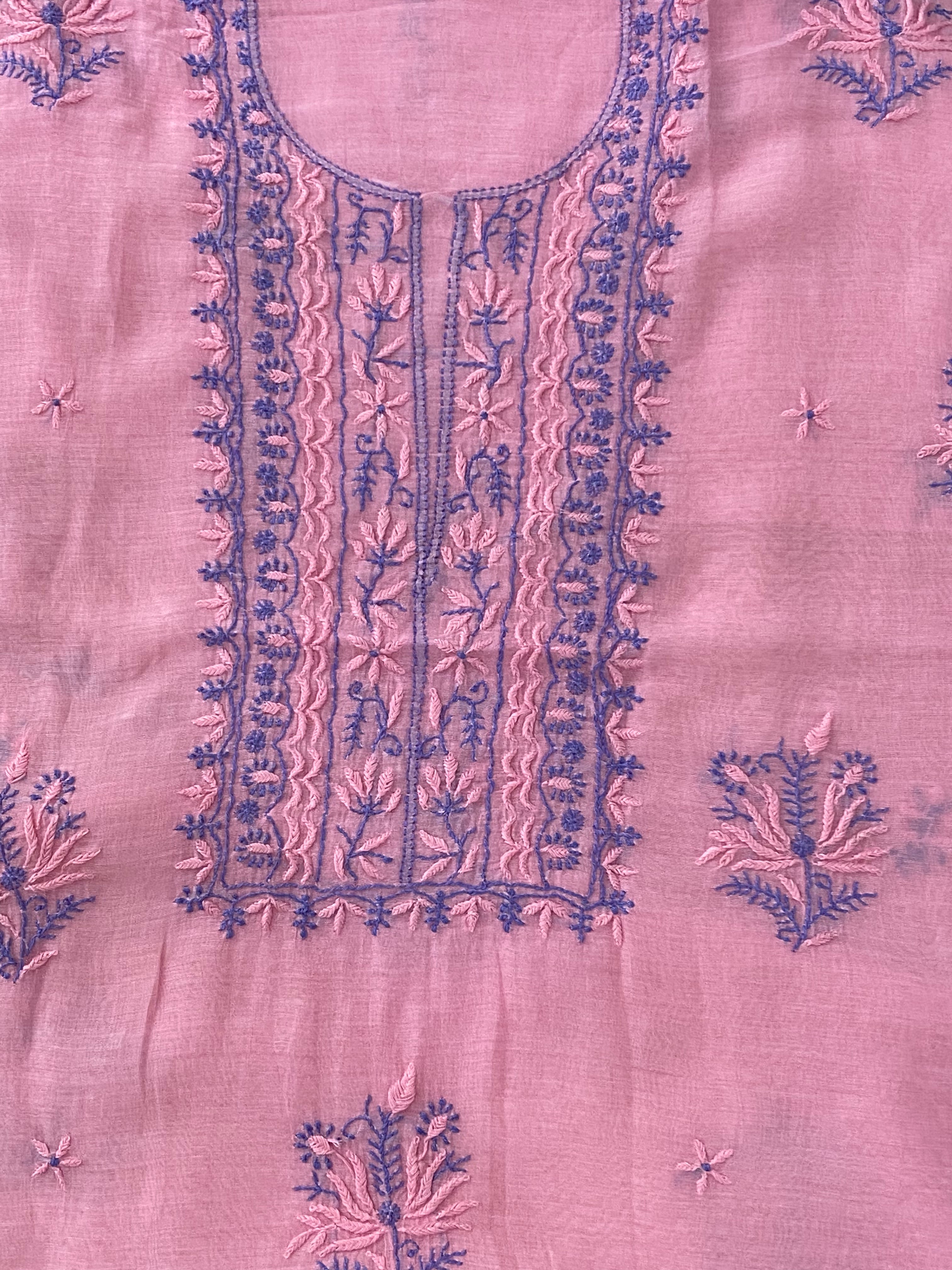 Premium Mul Chanderi 2 piece Chikankari Unstitched Kurta and Dupatta set – Bright Pink Gharana