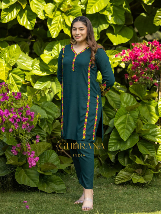 Ishq Rayon 2 PC Bottle Green chikankari Kurta set Gharana