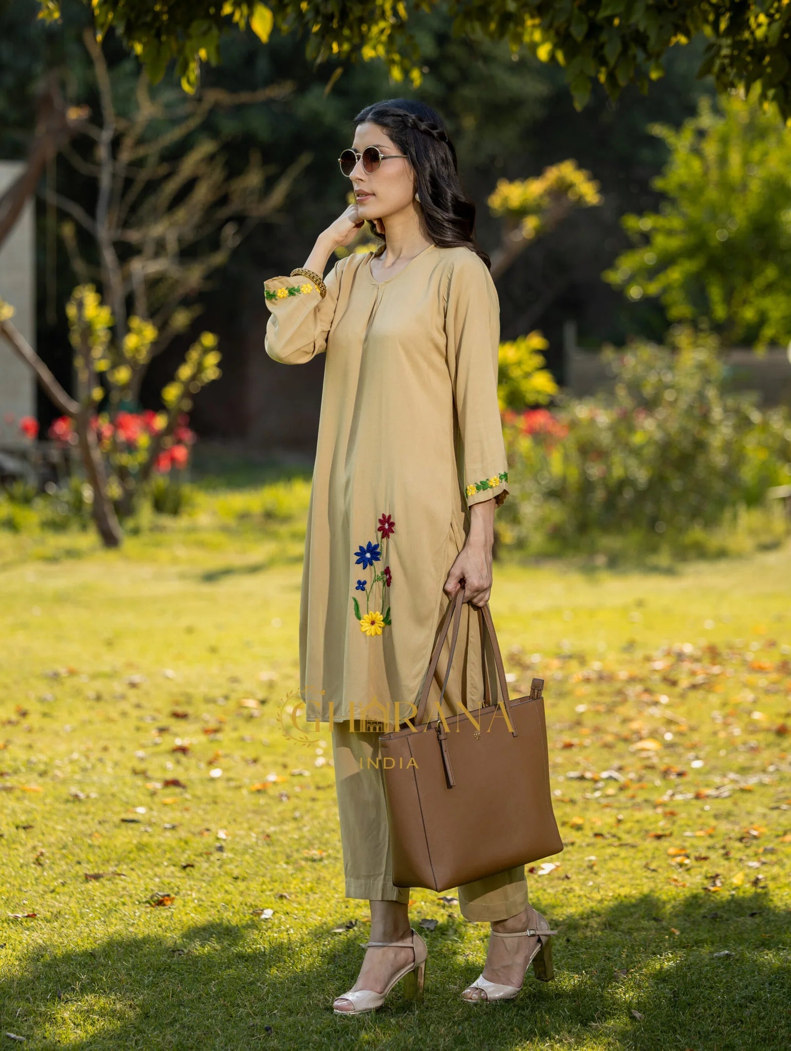 Sahiba Luxury Rayon Beige Chikankari Coord Set Gharana