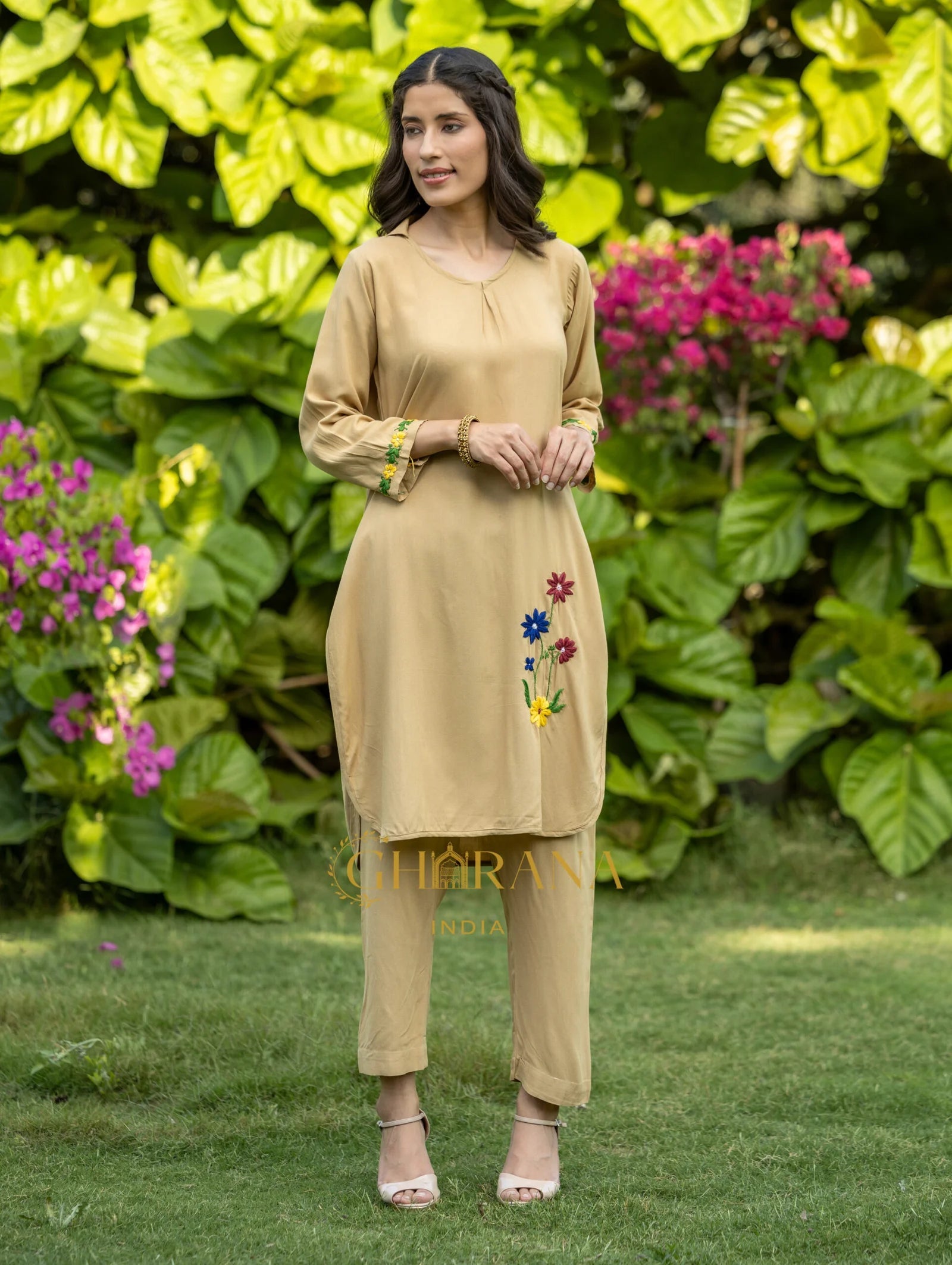 Sahiba Luxury Rayon Beige Chikankari Coord Set Gharana