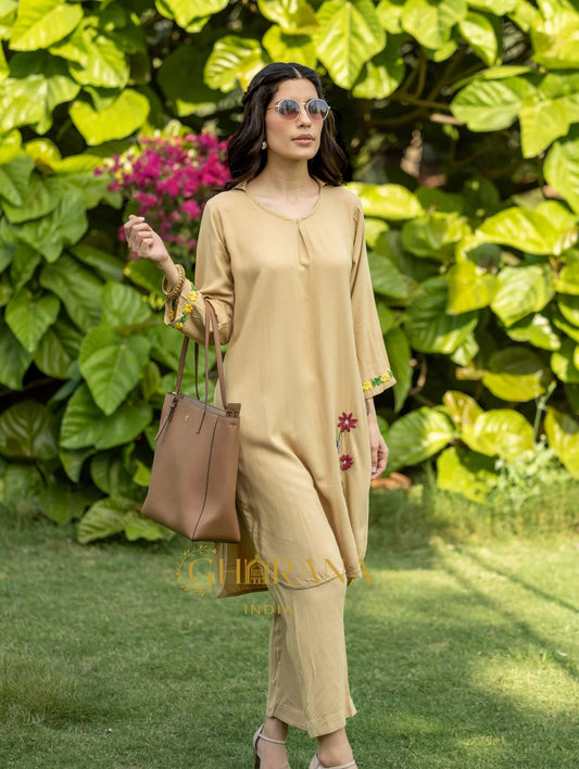 Sahiba Luxury Rayon Beige Chikankari Coord Set Gharana