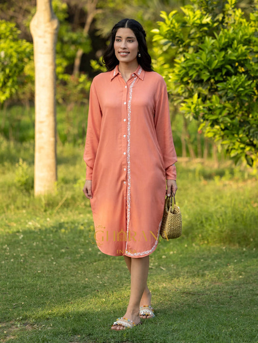 Sahiba Luxury Rayon Blush Red Chikankari Long Shirt Gharana