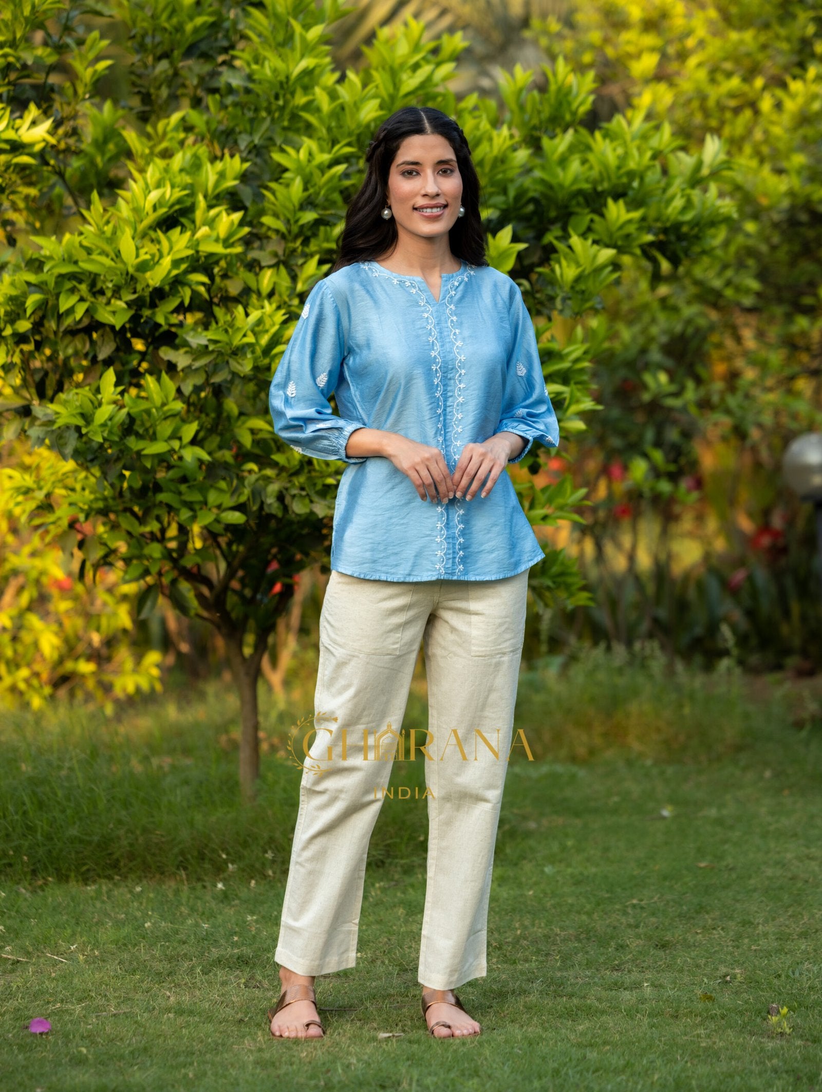 Sahiba Premium Chanderi Silk Bright Blue Chikankari Top