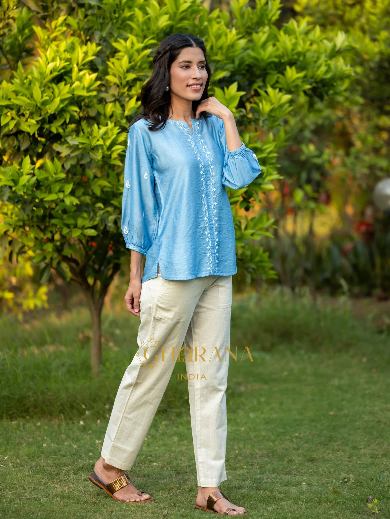 Sahiba Premium Chanderi Silk Bright Blue Chikankari Top Gharana