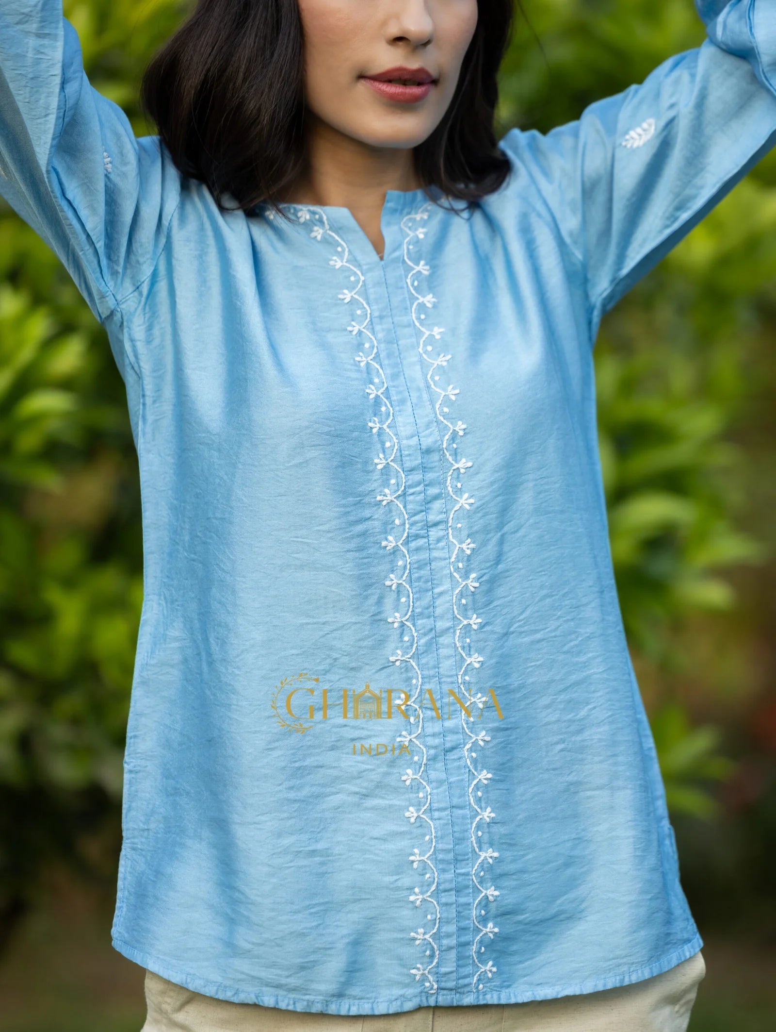 Sahiba Premium Chanderi Silk Bright Blue Chikankari Top Gharana