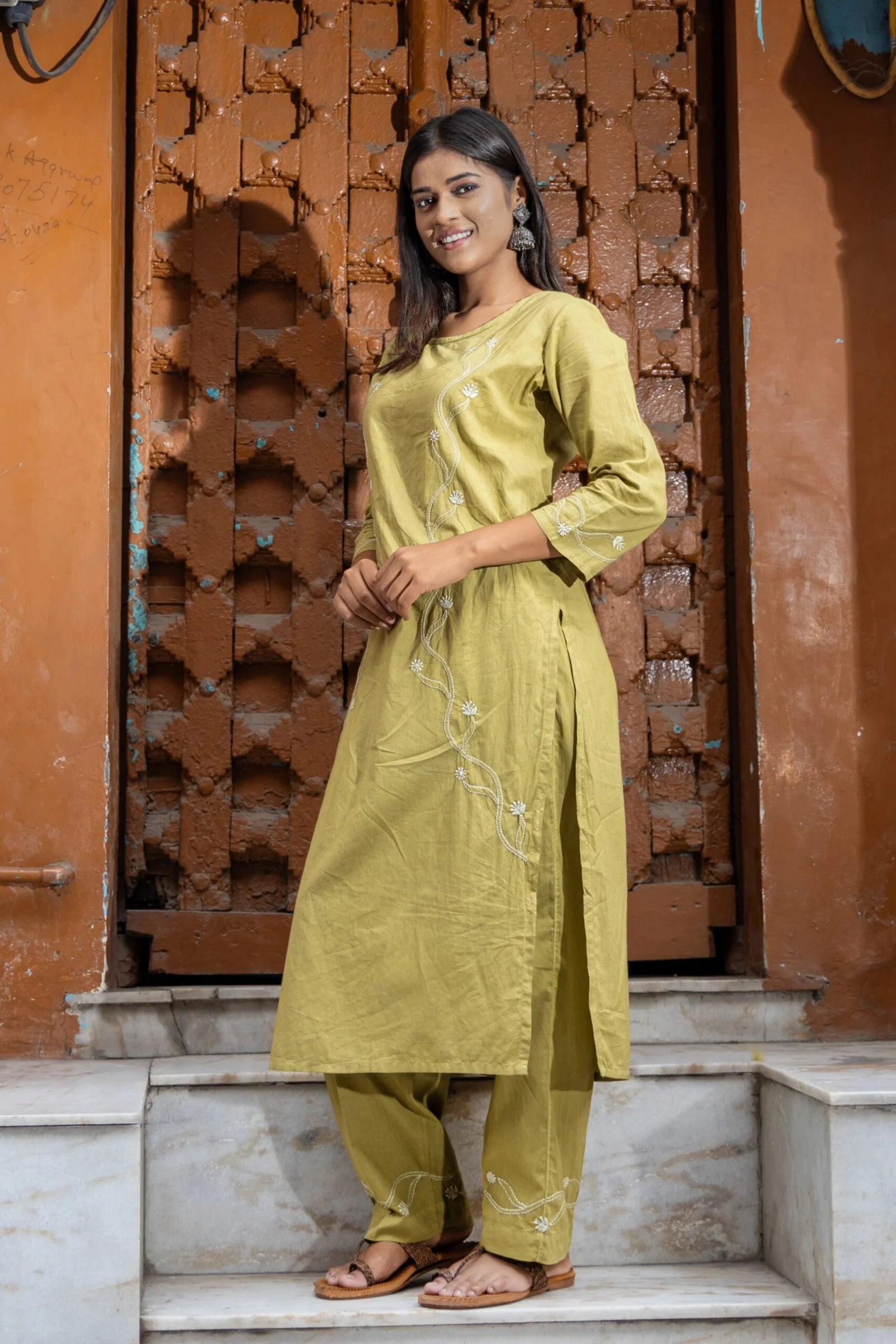 Heer Mul Cotton 2 PC Olive Green chikankari Kurta set Gharana