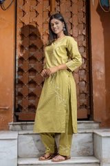 Heer Mul Cotton 2 PC Olive Green chikankari Kurta set Gharana