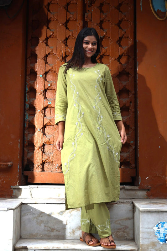 Heer Mul Cotton 2 PC Olive Green chikankari Kurta set Gharana