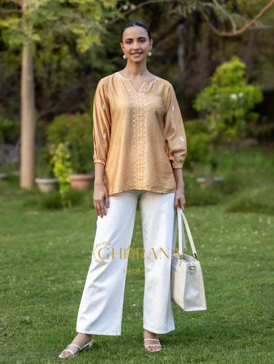 Sahiba Premium Chanderi Silk Golden Beige Chikankari Top Gharana