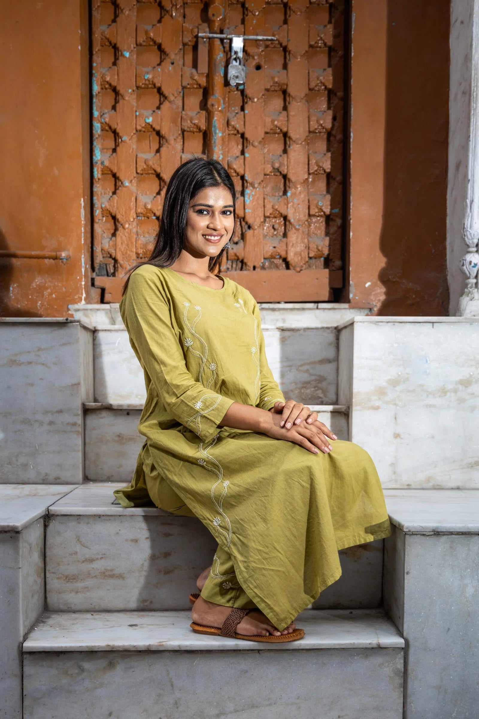 Heer Mul Cotton 2 PC Olive Green chikankari Kurta set Gharana