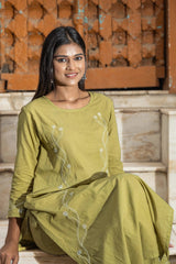 Heer Mul Cotton 2 PC Olive Green chikankari Kurta set Gharana