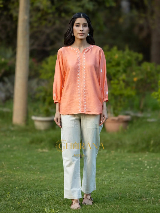 Sahiba Premium Chanderi Silk Blush Orange Chikankari Top Gharana