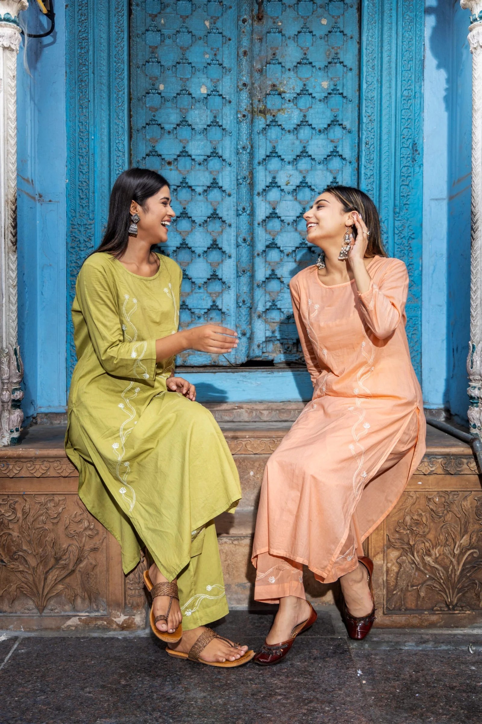 Heer Mul Cotton 2 PC Olive Green chikankari Kurta set Gharana