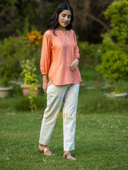 Sahiba Premium Chanderi Silk Blush Orange Chikankari Top Gharana