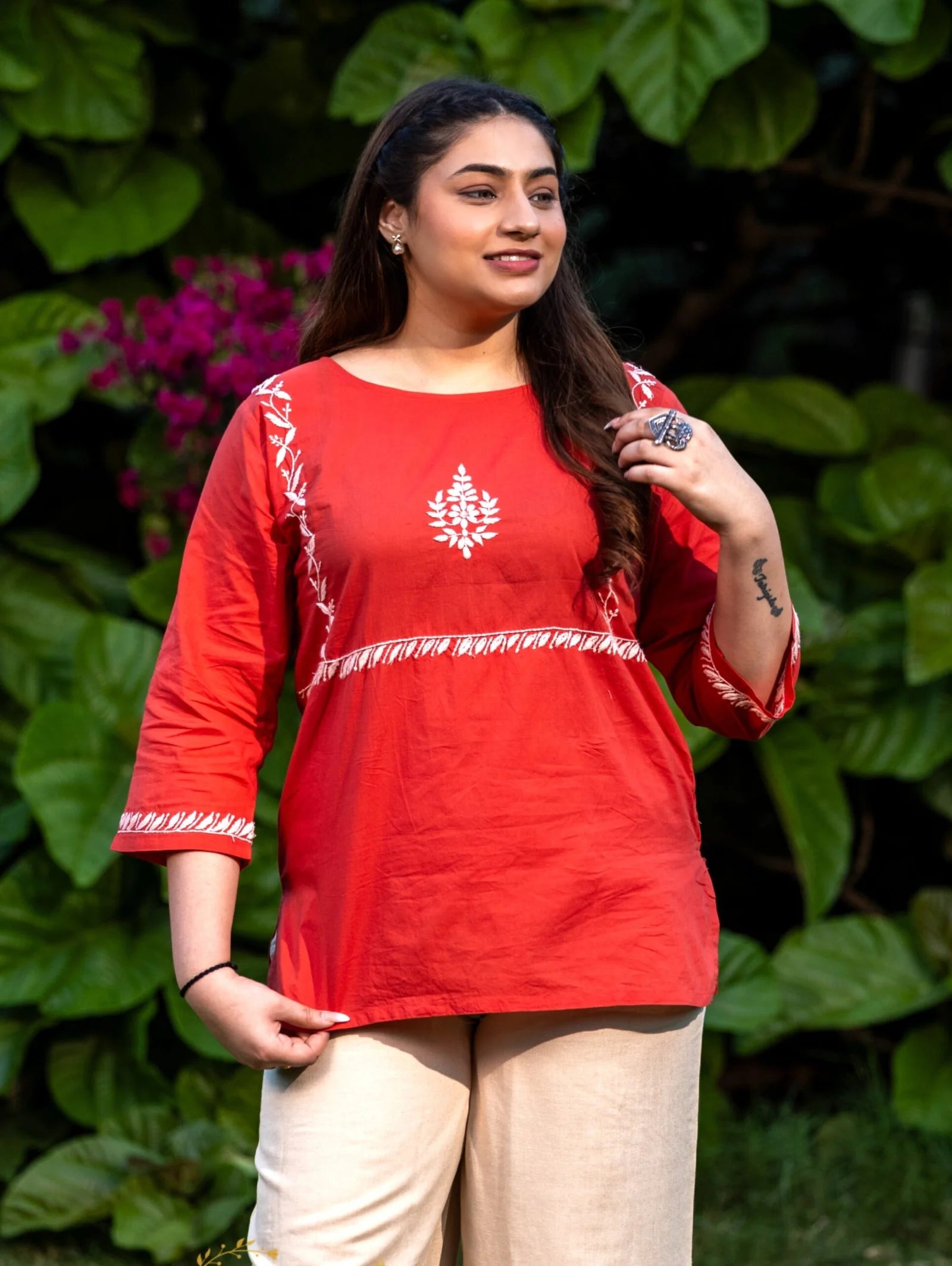 Sahiba Pure Cotton Red Chikankari Top Gharana