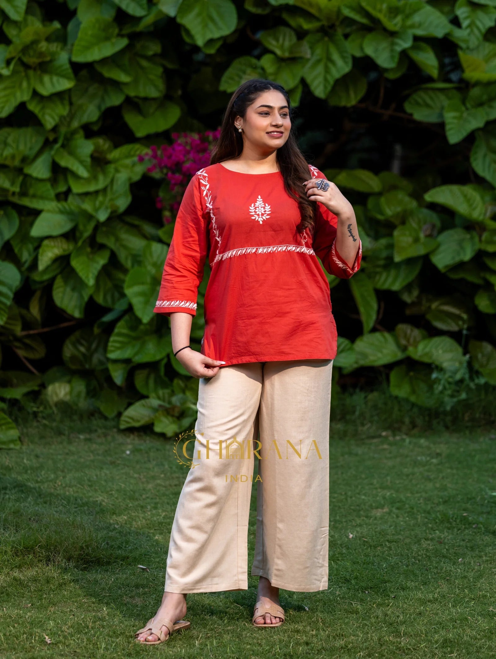 Sahiba Pure Cotton Red Chikankari Top Gharana