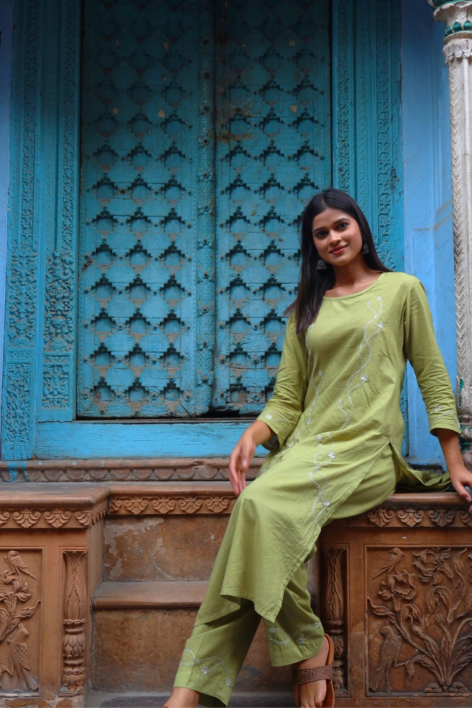 Heer Mul Cotton 2 PC Olive Green chikankari Kurta set Gharana